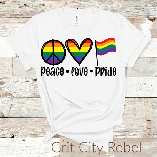 Peace Love Pride in rainbow graphics with words in black on a unisex white Tshirt
