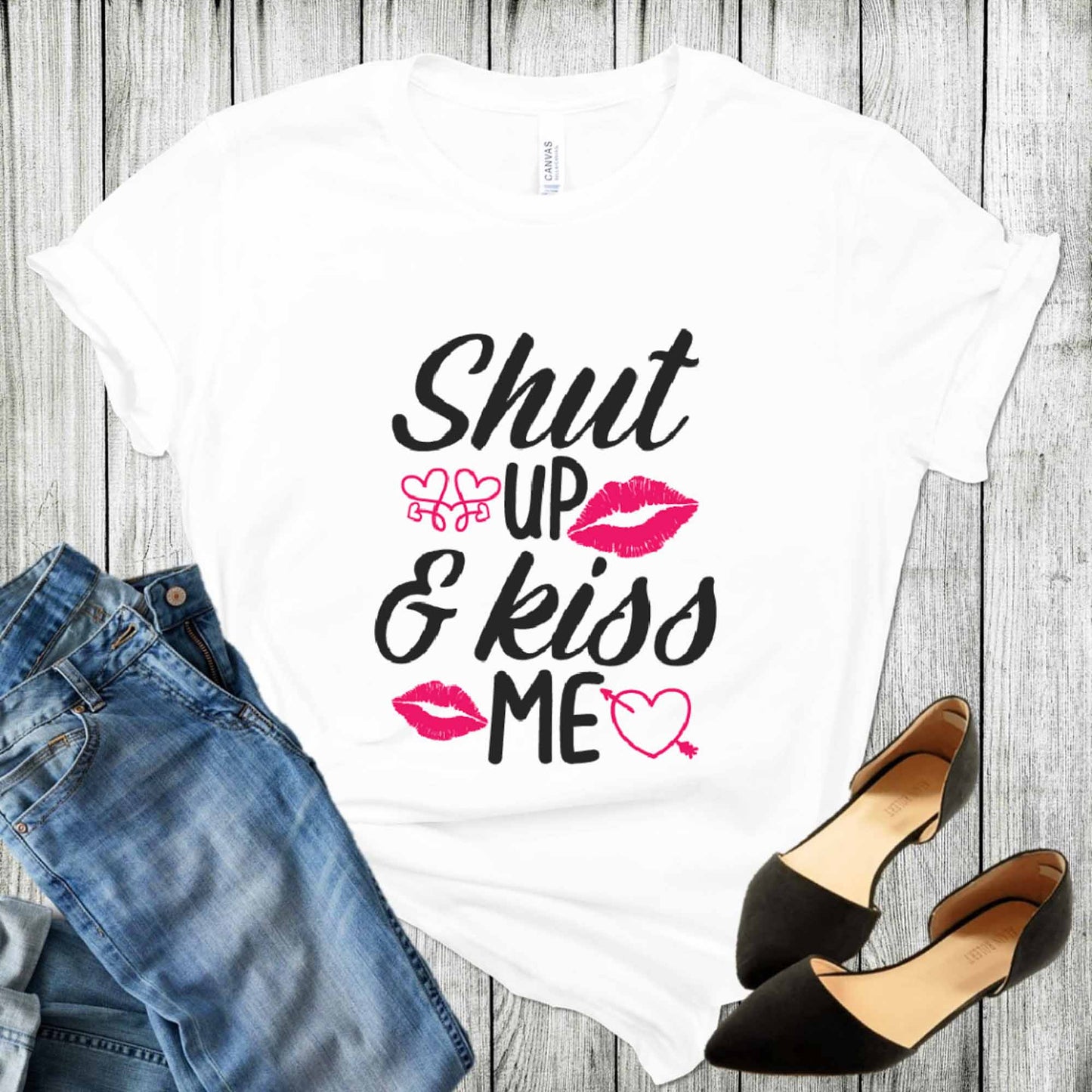 Shut up and kiss me in black with pink lips and a heart on a unisex Tshirt